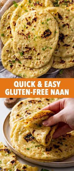 the process to make gluten - free naan bread is shown in three different pictures