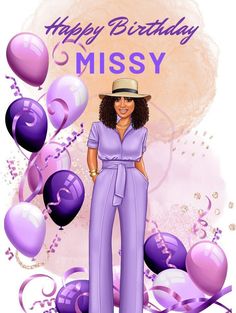 a woman wearing purple is standing in front of balloons with the words happy birthday missy on it