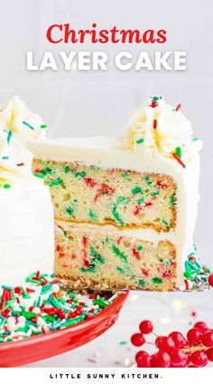 a slice of cake with white frosting and sprinkles next to it