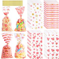 pink and gold candy bags with hearts, stars, and confetti on them