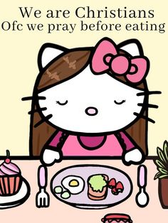 a hello kitty cartoon character sitting at a table with food and drink in front of her