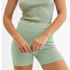 Rhythm Livin Nwt Sage Green Knit Shorts. Size Au 10/M. Acrylic, Polyester, And Nylon Spring Fitted Ribbed Shorts, Fitted Ribbed Shorts For Spring, Chic Ribbed Short Length Bottoms, Cozy Ribbed Bottoms For Spring, Fitted Green Shorts For Fall, Ribbed Short Bottoms, Green Fall Shorts, Spring Ribbed Bottoms Short Length, Fitted Knit Shorts