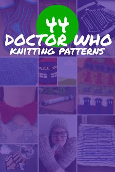 the cover of doctor who knitting patterns, with images of different knitted items and text