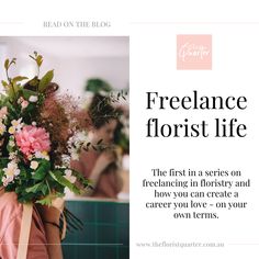 a woman with flowers in her hair and the words, freelance florist life