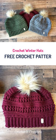 two crochet winter hats with pom - poms on them