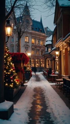 a snowy street lined with buildings and lit up christmas trees