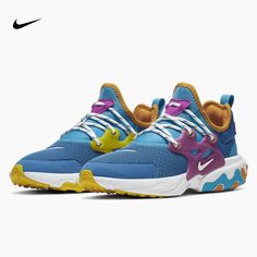 Nike React Presto GS Blueberry Waffle CK1752-400 Youth Size 6Y / Women's 7.5 New! The Nike React Presto is designed to feel as comfortable as your favorite T-Shirt — for your feet. It has a sock-like fit that easily slips on and off. Nike React technology feels incredibly bouncy for all-day comfort. Product Details Fabric is lightweight and durable. Nike React foam provides soft, springy cushioning. Sock-like fit slips easily on and off. Rubber on the bottom provides durable traction. Shown: Blu Blueberry Waffle, Nike React Presto, Blueberry Waffles, Nike Air Presto, Nike Tennis Shoes, Nike Lunar, Bike Shoes, Cute Nikes, Nike React