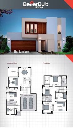 two story house plan with three car garages in the front and one bedroom on the back