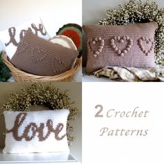 two crochet pillows, one with hearts and the other with love