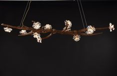 a branch with white flowers hanging from it's end and some lights attached to it