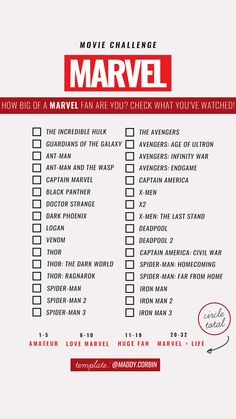 the avengers movie challenge is shown in red and white