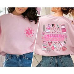 two pictures of women wearing pink sweaters with the words emergency department printed on them