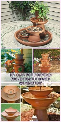 an outdoor fountain made out of clay pots and water features is shown in this collage