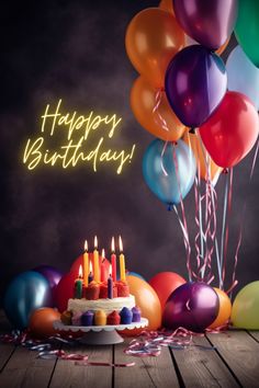 a birthday cake with lit candles surrounded by balloons