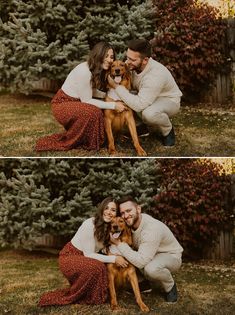 a man and woman are hugging their dog