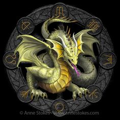 a yellow dragon sitting on top of a black circle