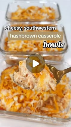 three casserole bowls with cheese, southwestern hashbrown casserole in them