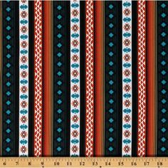 a striped fabric with blue, red and black stripes on it's sides is shown