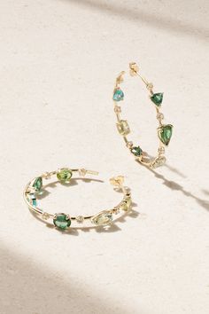 Jacquie Aiche says, "there's something ethereal in the way that jewelry can make women feel… it's like magic." These 'Sophia' hoops are set with a beautiful mismatch of aquamarines, tourmalines and apatite stones in mood-boosting colors. They're handmade from 14-karat gold and dotted with diamonds for added sparkle. Elegant Statement Jewelry, Color Stone Jewelry, Cottage Core Jewelry, Mismatch Earrings, Ethereal Jewelry, High End Jewelry, Hoop Earrings Style, Celebrity Jewelry, Jewelry Set Design