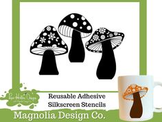 a coffee mug with three mushrooms on it and the words, reusable adhesiveve