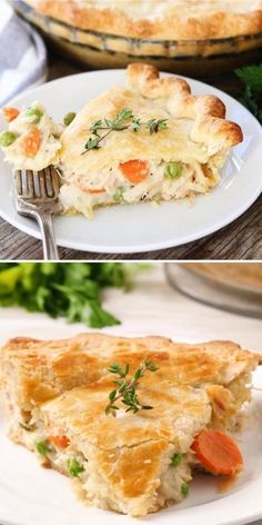 two pictures of different types of pies on the same plate, one with carrots and