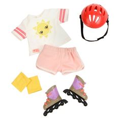 a doll's clothes and accessories are laid out on a white surface with a helmet