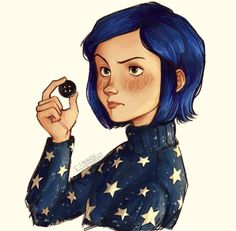 a drawing of a woman with blue hair and stars on her shirt holding a black object