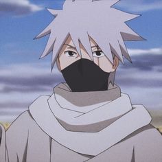 an anime character with white hair wearing a black face mask and grey hoodie looking at the camera