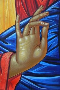 a painting of a person holding their hand up in the air