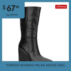 The Milan mid-calf boot features a comfortable yet stylish wedge heel with a squared-toe design and inner zipper closure.Closure Type: Side ZipperShaft Circumference: 12 1/2 InchesBoot Shaft Height: 3 InchesShoe Heel Height: 3 InchesUpper/Outer Base Material: 100% SyntheticShoe Lining Material: TextileSole Material Content: 100% RubberCalf Width: RegularToe Type: Square Toe, Closed ToeHeel Style: Wedge HeelCountry of Origin: Imported Dress Boots Black, Boots Dress, Dress Boots, Mid Calf Boots, Toe Designs, Dress And Heels, Boots Black, Dress With Boots, Wedge Heels