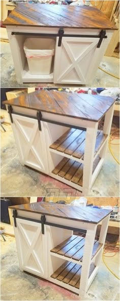 two pictures of the same sideboard in different stages of being painted white and brown