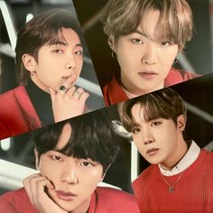 four pictures of young men with different hair colors and hairstyles, one is wearing a red sweater