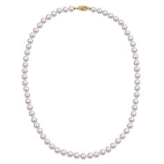 This Akoya pearl necklace features 64 6-millimeter round Akoya pearls, expertly matched for a uniform silhouette. The Japanese pearl variety is among the most popular, beloved for its high-quality white luster with subtle rosy highlights. Elegantly strung, the luminous strand secures with a 14K yellow gold fishhook closure. | Akoya Pearl Necklace | 14K Yellow Gold, 6Mm, 18 | Helzberg Diamonds Japanese Pearls, Akoya Pearl Necklace, Pearl Strands Necklace, Helzberg Diamonds, Saltwater Pearls, Pearl Strand, Pearl Strands, Akoya Pearls, Natural Pearls