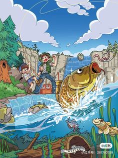 an image of a cartoon fish jumping out of the water with people in the background