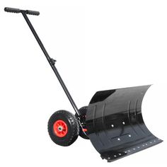 a black snow plow with red wheels on a white background