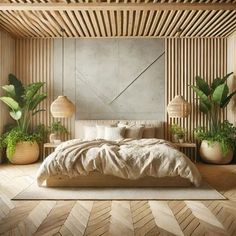 a large bed sitting inside of a bedroom next to potted plants on either side of the bed