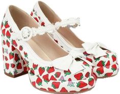 Fairy Fits, Strawberry Shoes, Platform Chunky Heels, Cosplay Wedding, Mary Jane High Heels, Wedding Pumps, Chunky Heel Shoes, Cute Strawberry, Strawberry Print