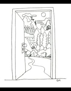 an open door with trees and mountains in the background drawing by hand on white paper