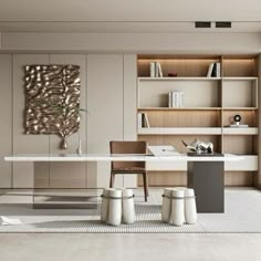 an office with white and wood furniture, bookshelves, and shelves on the wall