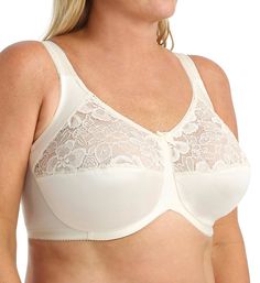 Wide comfort straps relieve shoulder strain. Made of rayon, polyester, cotton, and spandex. Full-figure bra features unlined (unpadded), 2-section cups with lace top and opaque satin bottom. Horizontal cup seams shape and support while giving a slightly conical look. Multiple-layer soft-textured knit around underwire prevents wire poke-through and provides added comfort. Curved center band gives a natural fit, even when sitting. Wide, padded, adjustable straps designed for all-day comfort. Cente Bra For Big Cup, Womens Spring Fashion, Shoulder Strain, Bras Lace, Pretty Bras, Country Fashion Women, Women Hats Fashion, Minimiser Bra, Lace Underwire