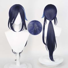 two wigs with blue hair on top of white mannequin headdress