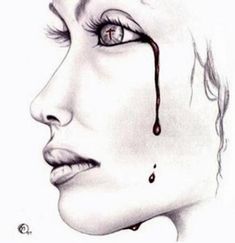 a drawing of a woman's face with blood dripping down the side