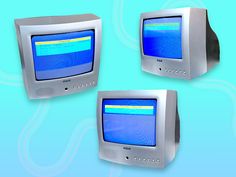 three old computer monitors sitting next to each other on a blue and green background with swirls