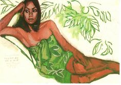 a drawing of a woman in a green dress laying on the ground next to a tree