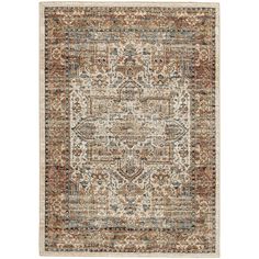 an area rug with various colors and patterns on it, including brown, blue, beige and