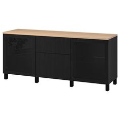 the sideboard is black and has two doors on one side, and three drawers on the other