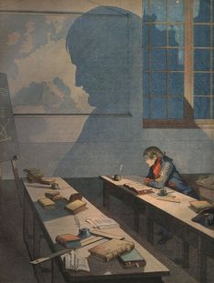 an illustration of a person sitting at a desk in front of a window