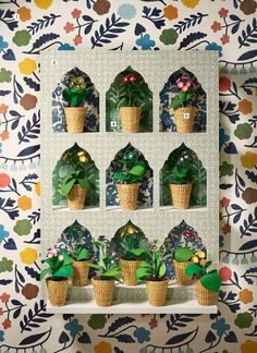 there are many potted plants on the shelf in front of this wallpapered wall