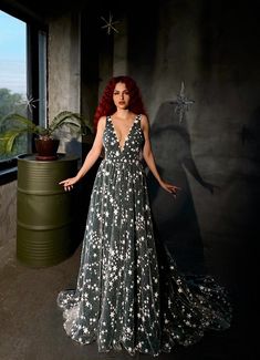 Reflective starry celestial off white and dark green wedding dress with train, individual size, whimsical sparkles glitter, open back, A-line, deep V neckline | LUV-LUV You can also see my other dresses here https://www.etsy.com/shop/LuvLuvDress?ref=seller-platform-mcnav I can sew the same long sleeve dress https://www.etsy.com/listing/1069586446/star-celestial-simple-off-white-wedding?ref=shop_home_active_65&frs=1&cns=1 I can also add additional layers of pure tulle without stars under the star tulle (like the last photo with the fabric). Each additional layer of tulle + $ 15. You can buy additional layers here https://www.etsy.com/listing/749417908/additional-materials-luv-luv?ref=shop_home_active_1&frs=1&crt=1 This delicate and airy dress is handmade. Boho wedding dress made of stars gl Dark Green Wedding Dress, Green Wedding Dress, Dark Green Wedding, Green Wedding Dresses, Dress Train, Airy Dress, Celestial Wedding, Wedding Dress Train, Black Wedding Dresses