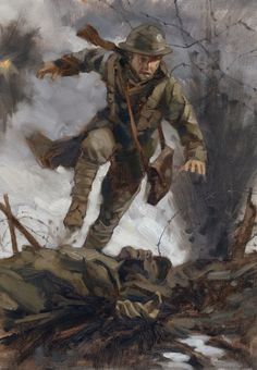 a painting of a man in uniform walking over a fallen tree trunk with his arms outstretched